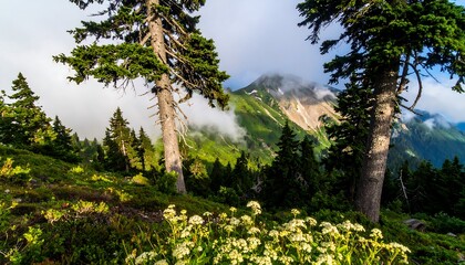 Fototapeta premium Lush green mountain vista showcasing towering trees and a landscape blanketed in fog.