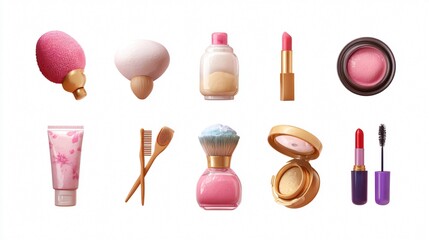 Professional Cosmetics 3D Icon Set for Makeup Tools with Powder Cream