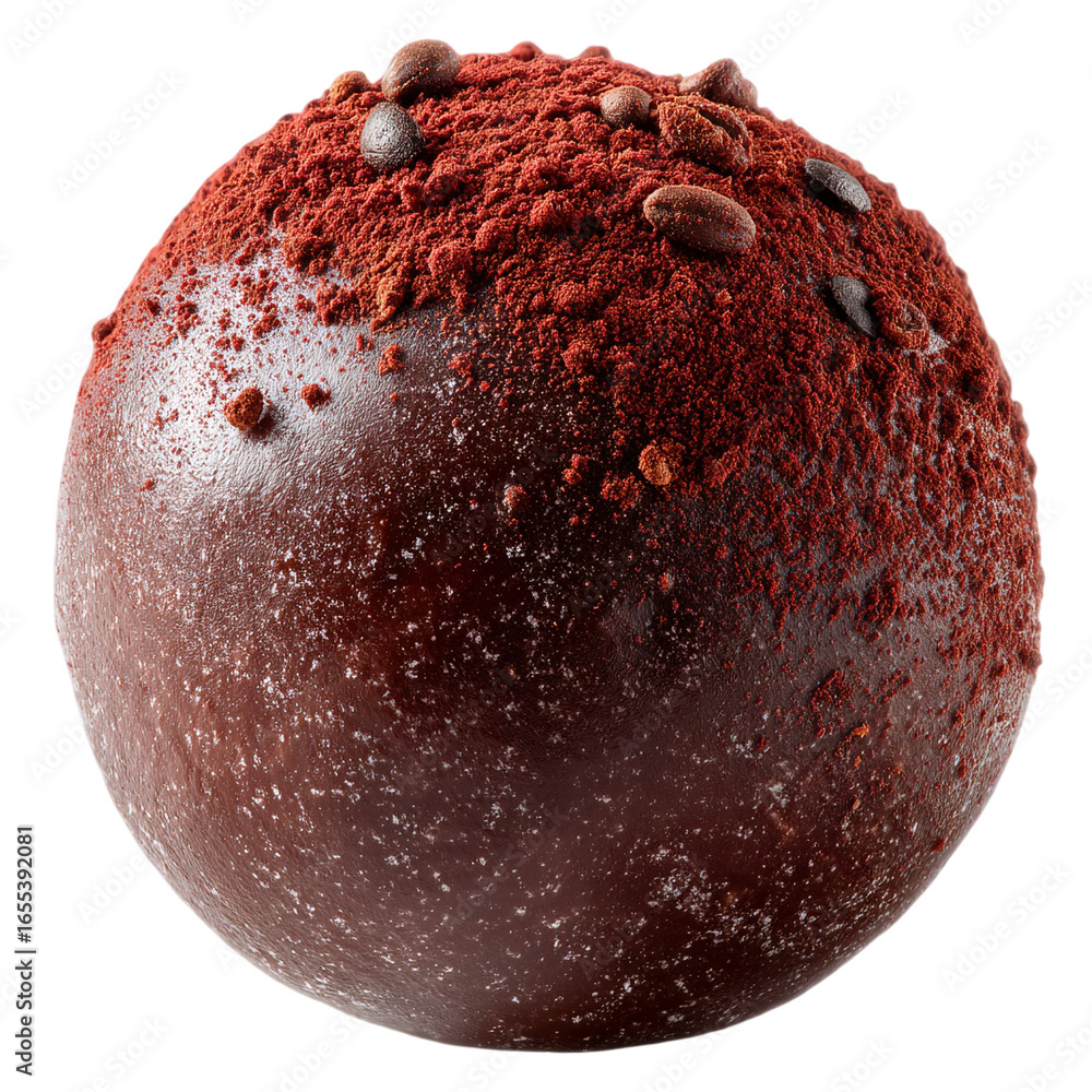 Poster close up of a single chocolate truffle dusted with red powder and beans isolated on transparent back
