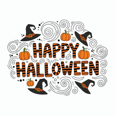 Cartoon HAPPY HALLOWEEN text with orange and black stripes surrounded by pumpkins witch hats and decorative swirls