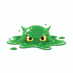 Naklejka premium Green slime monster with angry yellow eyes and spikes emerging from a pool of goo on a white background