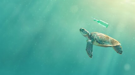 Sea turtle swims near a discarded plastic bottle in the ocean, highlighting environmental pollution