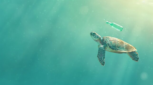 Sea turtle swims near a discarded plastic bottle in the ocean, highlighting environmental pollution