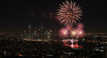 Fototapeta premium Spectacular Fireworks Over New York City Skyline at Night