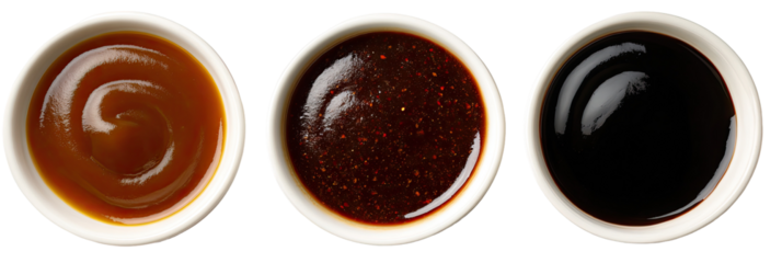 Three small white bowls filled with various sauces