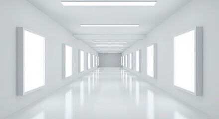 Empty, bright white hallway with large blank windows, modern architecture.