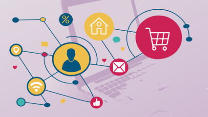Naklejka premium Laptop with Social Media and Ecommerce Icons.
