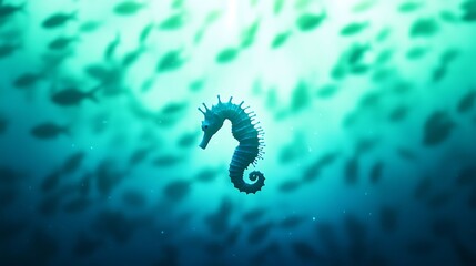 A lone seahorse gracefully swims through a school of fish in the deep blue ocean