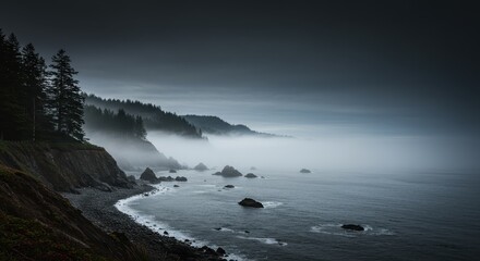 Obraz premium Misty Coastal Cliffs and Ocean in Pacific Northwest