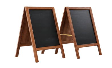Two dark-brown wooden A-frame easels, each with a blank black chalkboard surface