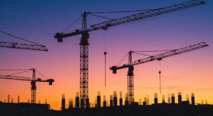 Construction Cranes Silhouette at Sunset