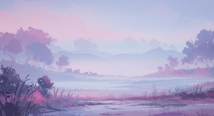 Misty Lavender Landscape: A Serene Digital Painting