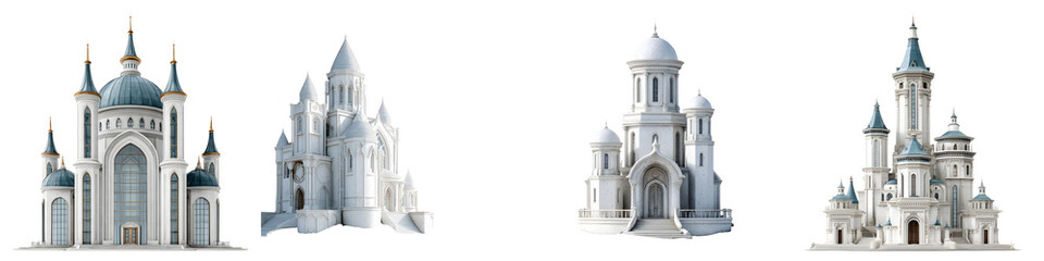 Obraz premium Fantasy Castle Collection: Whimsical Architecture, Towers, and Domes Isolated on White