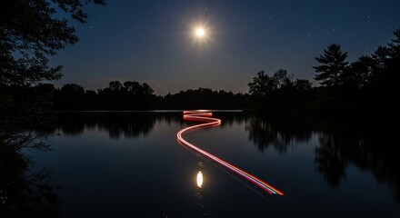 Night Lightscape: Serene Moonlit Lake with Light Trails