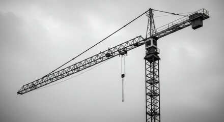 Monochrome Construction Crane Against a Cloudy Sky