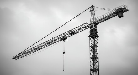 Tower Crane Against a Cloudy Sky: A Black and White Construction Photograph