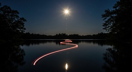 Night Lightscape: Serene Moonlit Lake with Light Trails