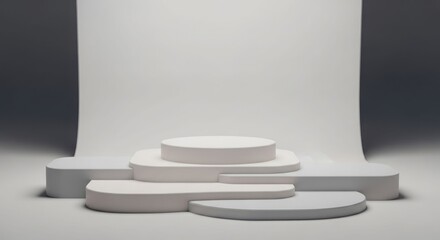 Fototapeta premium Abstract, minimalist, geometric display podiums in light gray and white, studio backdrop.