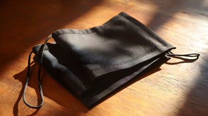 Folded black fabric face mask with elastic loops showing fine texture and stitching.