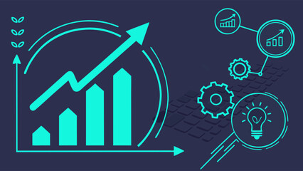 Upward Trending Bar Graph with Growth Arrow and Innovation Icons.