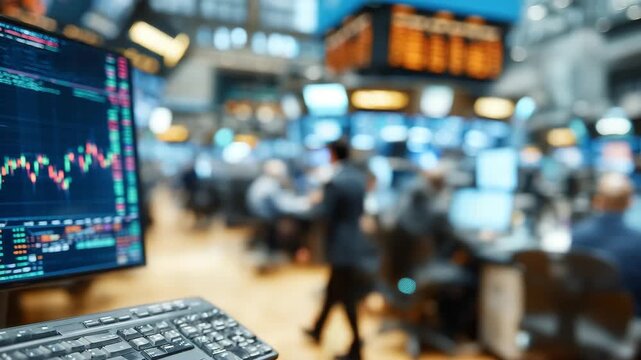 Financial market trading floor, with a computer monitor showing stock market data. 