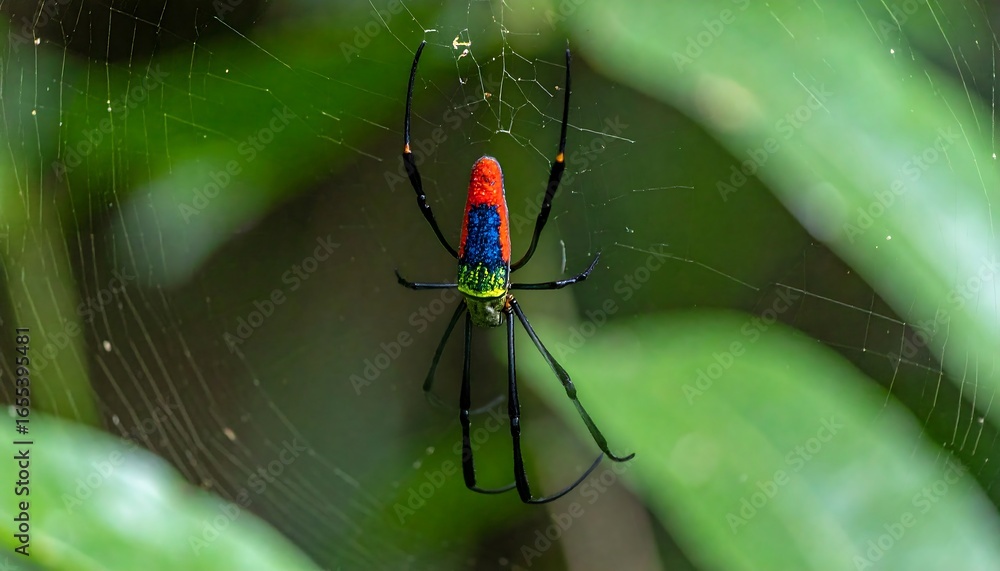 Poster vibrant spider with intricate patterns rests on a delicate web amidst lush green foliage.