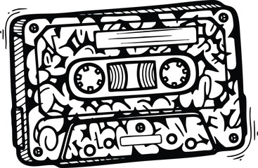 A stylized black and white illustration of a vintage cassette tape adorned with energetic graffiti art, showcasing a retro music theme.