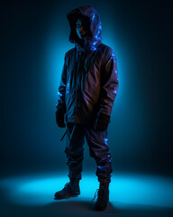 Fototapeta premium Cold-weather techwear with heat-mapped color shifts, floating in studio with warm to cool ambient lighting