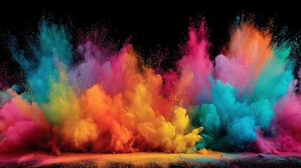 Neon Powder Burst on Black Background with Splash Dynamics and Copy Space for Color Festival Visuals or E-commerce Promotion