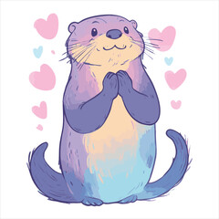 vector Cute otter with pastel gradient fur, surrounded by hearts