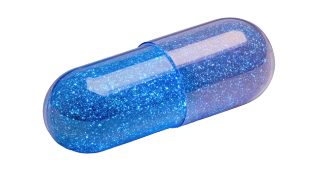 A close-up of a vibrant blue, glittery capsule
