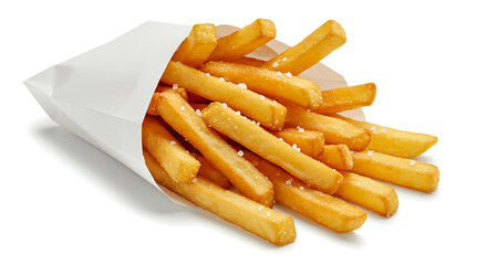 Realistic crispy French fries with salt in paper package, isolated on pure white background, fast food snack, golden potato fries, studio lighting, detailed close up, delicious junk food photography