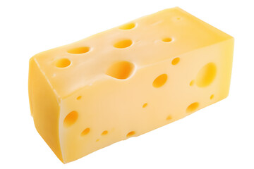 Rectangular block of Swiss cheese with large holes on transparent background