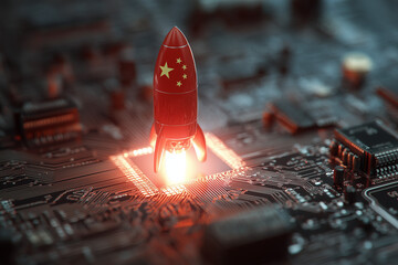 Glowing Rocket Launching from a Circuit Board with china flag on it