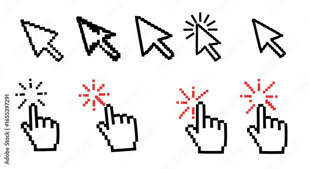 Poster pixelated cursors and hand icons: a set of click and pointing symbols for ui