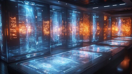 Futuristic server room with glowing holographic displays showcasing complex data visualizations