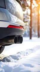 Silver SUV's rear end in snowy winter scene