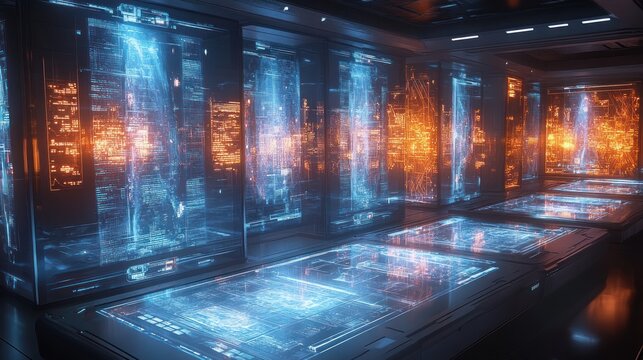 Futuristic server room with glowing holographic displays showcasing complex data visualizations
