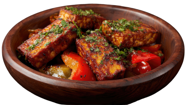 Wooden bowl of pan-fried tofu cubes with bell peppers, seasoned and garnished