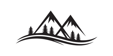 clean mountain line art vector with pine forest and rolling hills bold monochrome illustration for logos