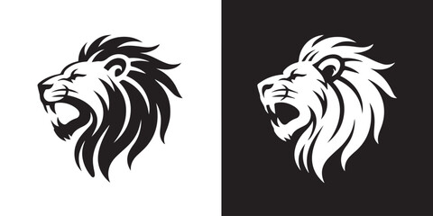 fierce lion head vector illustration dual silhouette black white contrasting design for branding