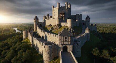 Majestic Medieval Castle Perched on Hillside Under Dramatic Cloudy Sky