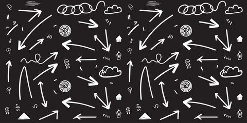 monochrome sketchy doodles with abstract shapes arrows clouds houses swirl seamless line art design background vector