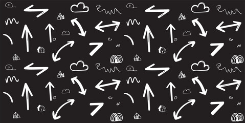black and white handdrawn illustration of arrows spirals clouds houses abstract symbols pattern vector background
