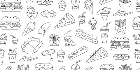handdrawn fast food seamless pattern burgers fries pizza hotdogs icecreams cupcakes drink icons for restaurant branding