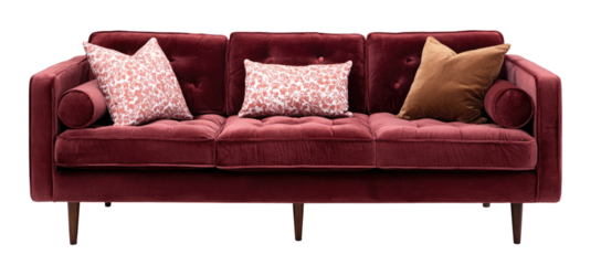 A deep burgundy velvet sofa with tufted back and seat cushions and decorative pillows