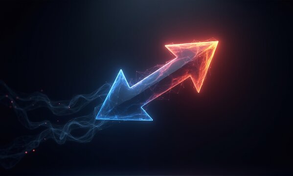 Energetic glowing arrow with a blue downward segment changing to a red upward one. A dynamic visual of opposing directions on dark.