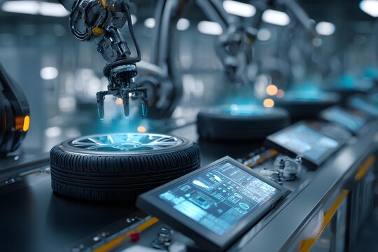 High-tech robotic arm placing tire in automotive assembly line with futuristic interfaces and digital production environment.
