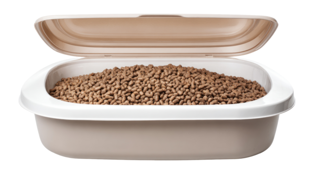 Beige plastic container with open lid, filled with small, brown pellets
