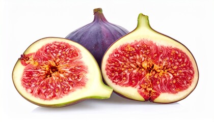 Juicy ripe figs, one whole, two halves revealing vibrant red flesh and seeds, pure white background